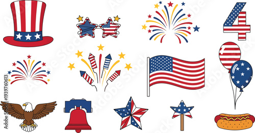 USA Patriotic Symbols Set Fourth of July Celebration Icons
