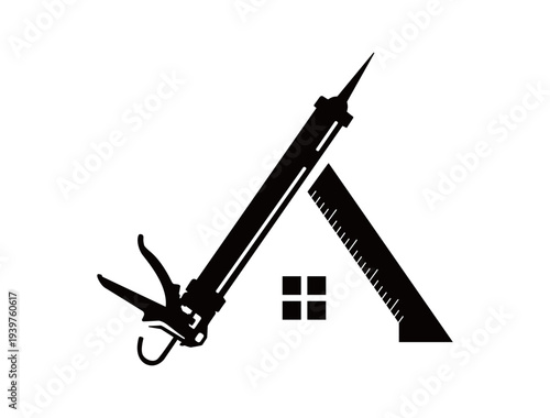Construction Logo with Caulking Gun and Triangular Ruler Forming House Roof – Creative Home Improvement Emblem Representing Renovation, Architecture, DIY Projects, and Professional Building Services