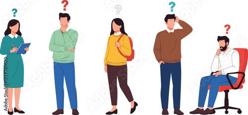 Set of confused people with question marks, collection of characters thinking or searching for answers flat vector illustration