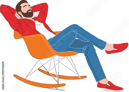 Man relaxing on a rocking chair with hands behind head, comfortable lounge and stress free concept flat vector illustration
