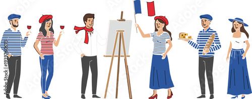 Set of French people and cultural elements, collection of characters with wine, baguette, and French flag flat vector illustration