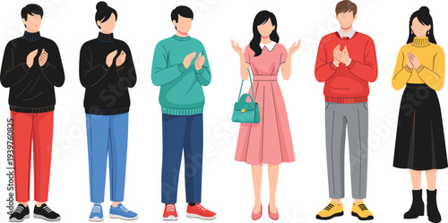 Set of people clapping and applauding, collection of diverse characters expressing appreciation and happiness flat vector illustration