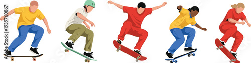 Set of people performing tricks on skateboards, diverse skateboarders jumping and riding flat vector illustration