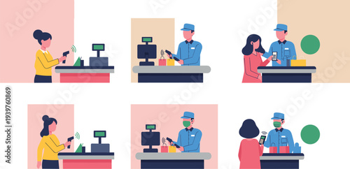 Set of people making contactless payments at store counter, cashier scanning products and customers using mobile phones flat vector illustration