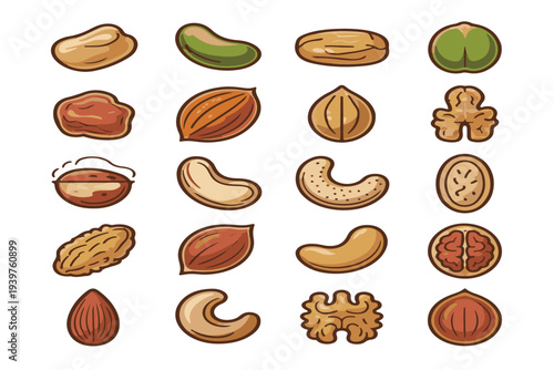 Assortment of twenty delicious assorted nut icons showing various types like almonds walnuts and cashews ready for healthy eating