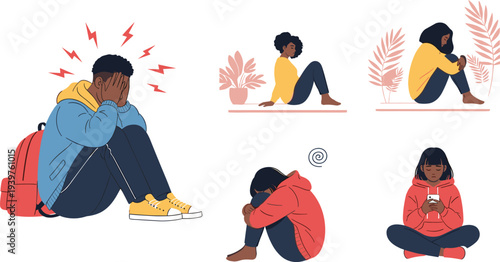 Set of stressed and depressed people, collection of characters experiencing sadness anxiety and burnout flat vector illustration