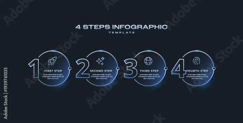 Dark Tech Vector Infographic Label Template with Neon Blue Gradient, Icons and Numbers, 4 Options or Steps for Process Diagram, Presentation, Workflow Layout, Banner, Flowchart, and Data Visualization