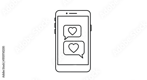 Smartphone showing a messaging app with two heart speech bubbles on the screen as a simple black and white line art coloring page.