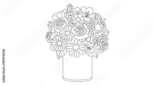 Elegant floral arrangement featuring several roses and various wild flowers in a cylindrical vase as a clean line art coloring page for adults.
