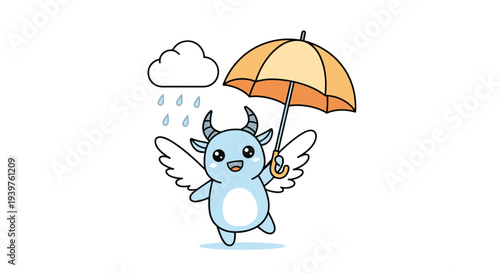 Cute little blue creature with wings holding an umbrella under a rain cloud for whimsical character design or decor.
