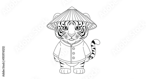 Cute tiger cub character wearing traditional oriental clothing and conical hat for Asian culture or lunar year themes.