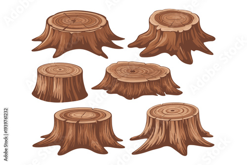 Set of realistic isolated vector illustrations depicting various sizes and shapes of weathered brown tree stumps with visible rings