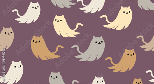 Seamless pattern featuring adorable cat ghosts with whiskers and long tails floating on a dark purple background.