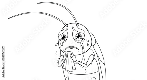 Emotional cockroach character crying into a tissue with large tears falling for coloring book activities.