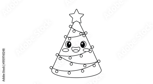 Cute Christmas tree coloring page featuring a smiling face with a star on top and string lights for decoration.