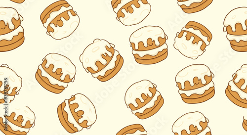 Delicious seamless pattern showcasing many small cakes with dripping white icing on a warm cream background.