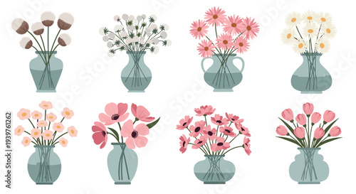 Set of eight beautiful floral arrangements in blue glass vases featuring various pink and white flower species.