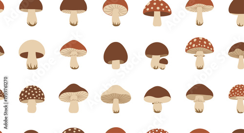 Diverse mushroom variety seamless pattern featuring different species and colors on a clean white background.