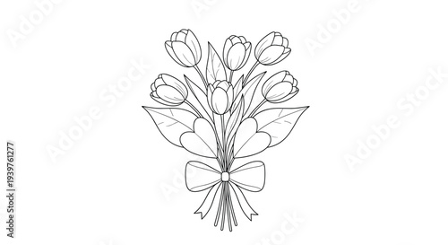Beautiful tulip bouquet line art coloring page with a decorative bow and heart shapes for kids to color.