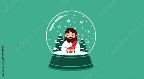Whimsical illustration of Jesus inside a snow globe holding a warm mug surrounded by snow and pine trees.