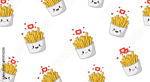 Cute seamless pattern of french fry buckets with adorable faces and floating red heart icons on white background.