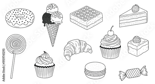 Assorted sweet treats and desserts collection in a clean black and white line art style for coloring books.