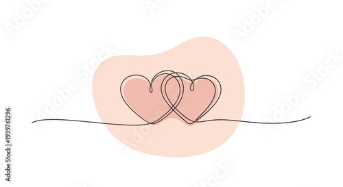 Elegant continuous line drawing of two interlocking hearts on a soft pink background for romantic designs.