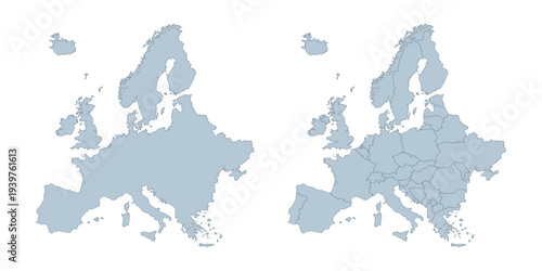 Europe map set. Two grey political maps of Europe with country borders. Simple flat design isolated on white.