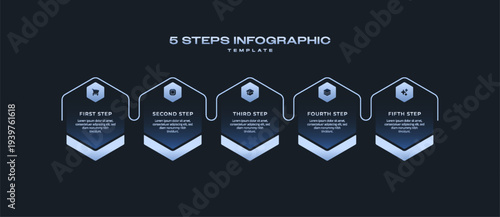 Dark Tech Vector Infographic Label Template with Neon Blue Gradient, Hexagon Icons and Numbers, 5 Step Process Diagram for Corporate Presentation, Startup Workflow, and Data Visualization