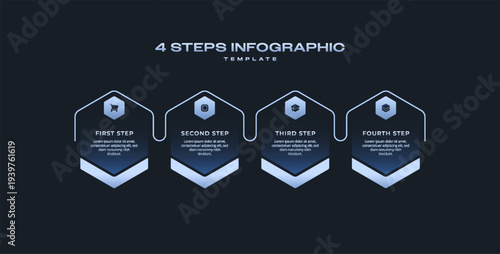 Dark Tech Vector Infographic Label Template with Neon Blue Gradient, Hexagon Icons and Numbers, 4 Step Process Diagram for Corporate Presentation, Startup Workflow, and Data Visualization