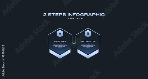 Dark Tech Vector Infographic Label Template with Neon Blue Gradient, Hexagon Icons and Numbers, 2 Step Process Diagram for Corporate Presentation, Startup Workflow, and Data Visualization