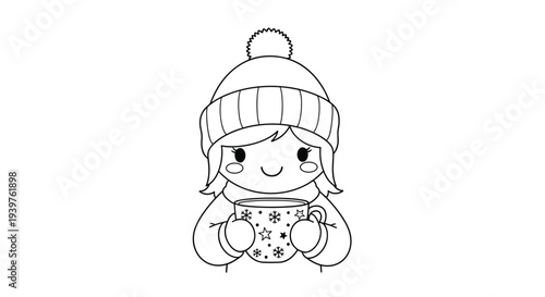 Young girl wearing a warm winter pom-pom hat and cozy sweater holds a large decorated mug of steaming hot chocolate in a sweet line art style.