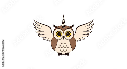 Magical owl character with a unicorn horn and wide open wings shown in a simple cartoon style for fantasy and kids themes.