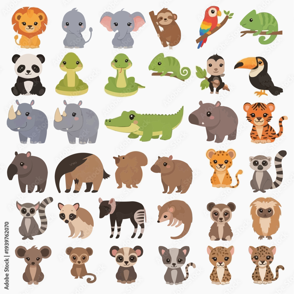 Obraz premium A colorful collection of cartoon animals in a flat vector illustration style