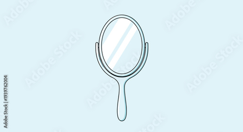 Handheld oval mirror with a simple light blue handle and reflections shown on a soft blue background for beauty themes.