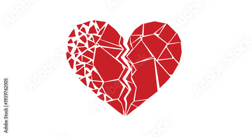Shattered red heart made of broken glass fragments isolated on a white background representing heartbreak and emotional pain.