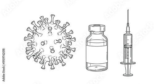 Scientific illustration featuring a coronavirus molecule next to a vaccine vial and a medical syringe in clean line art.
