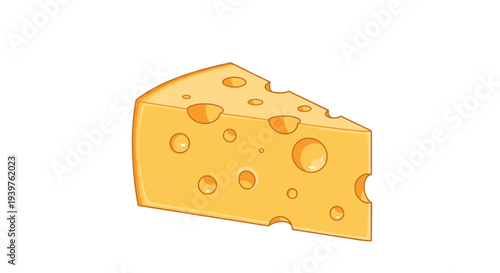 Delicious slice of yellow Swiss cheese with realistic holes and shadows isolated on a plain white background for food art.