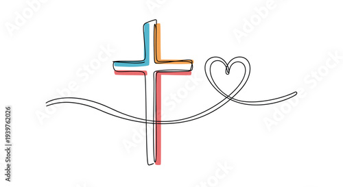 Christian cross and heart symbol drawn in a continuous line art style with colorful accents for faith and love themes.