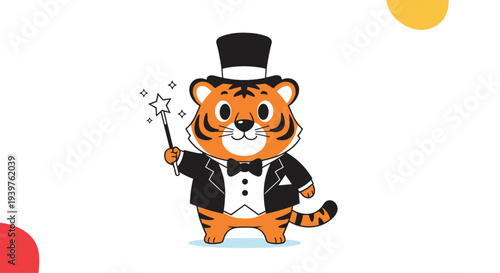 Cute tiger character dressed in a black tuxedo and top hat holding a magic wand with stars for a performance show theme.