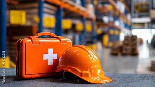 Safety Gear Setup with First Aid Kit and Helmet