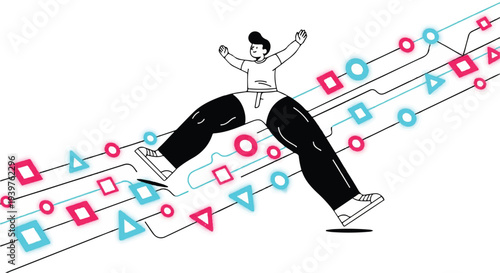 Modern minimalist illustration of a person navigating a vibrant digital data stream, representing technology, online progress, internet trends, and social media engagement.