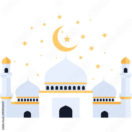 Islamic Mosque Under the Moonlit Sky: An elegant mosque, depicted with domes and minarets, stands majestically beneath a crescent moon and scattered stars, representing the serenity of the night.