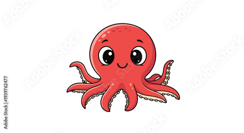Adorable cartoon illustration of a friendly red octopus with large expressive eyes and a smiling face on white.