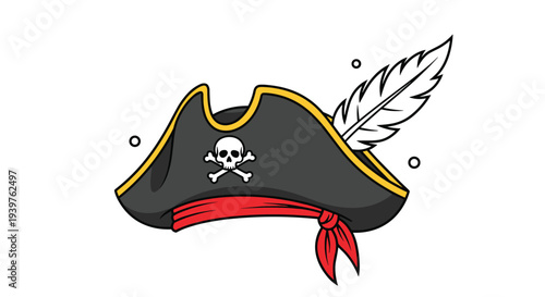 Classic black pirate hat with a red bandana, gold trim, white feather, and a skull and crossbones emblem.