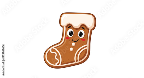 Adorable cartoon gingerbread cookie shaped like a Christmas stocking with a smiling face and icing decorations on white.