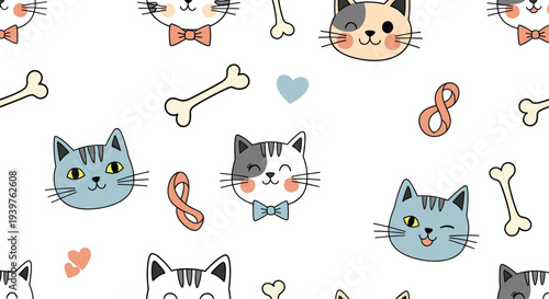 Adorable seamless pattern featuring various cute cat faces with bowties, hearts, fish, and bones on a white background.