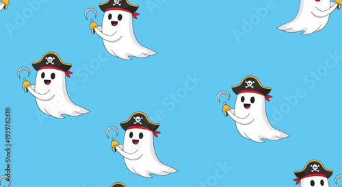 Cute ghost pirate characters wearing hats and holding gold hooks floating in a seamless pattern over a bright blue background.