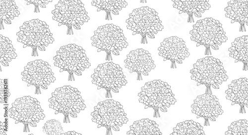 Elegant black and white seamless pattern of beautiful hydrangea flower bouquets hand drawn in a detailed line art style.