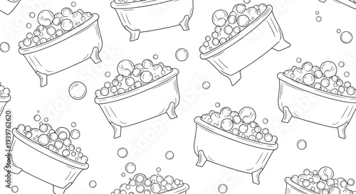 Fun black and white seamless pattern of classic clawfoot bathtubs filled with plenty of soap bubbles for bathroom decor.